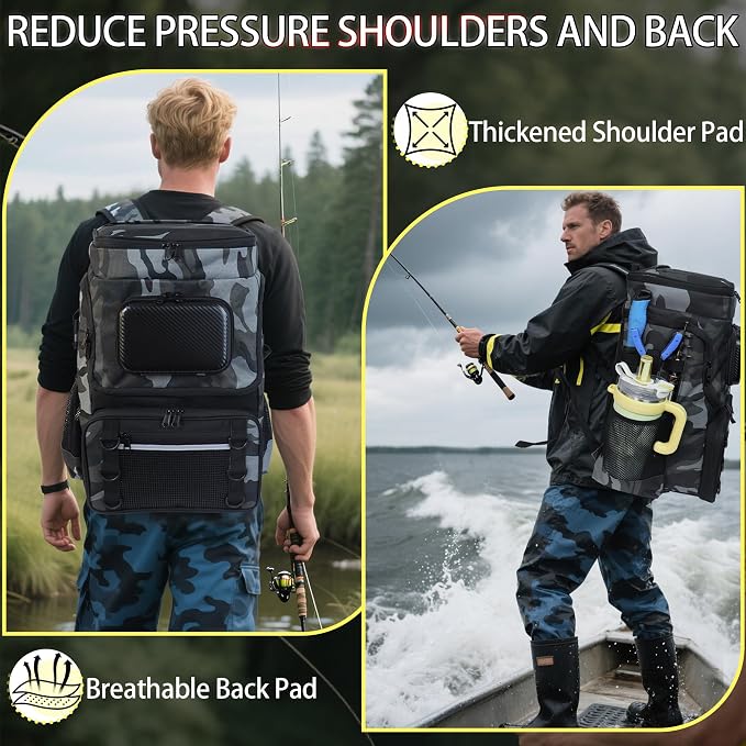 Fishing Backpack with Rod Holder X-Large 60L Tackle Gears Bag with Cooler for Storage Tackle Box and Fishing Accessories Stuff, Fish Gifts for Men Woman-Gray Camo