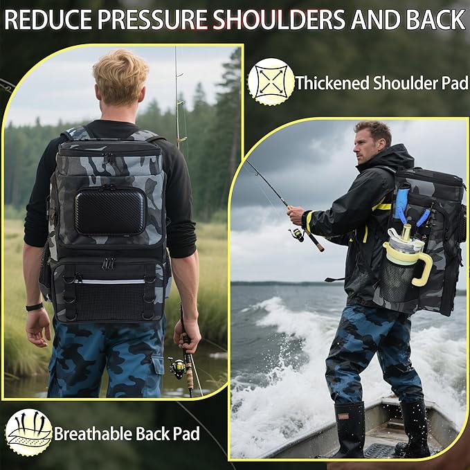 Fishing Backpack with Rod Holder, Large 50L Tackle Bag Water Resistant Tackle Backpack Heavy Duty Fishing Bag Gift for Men Woman