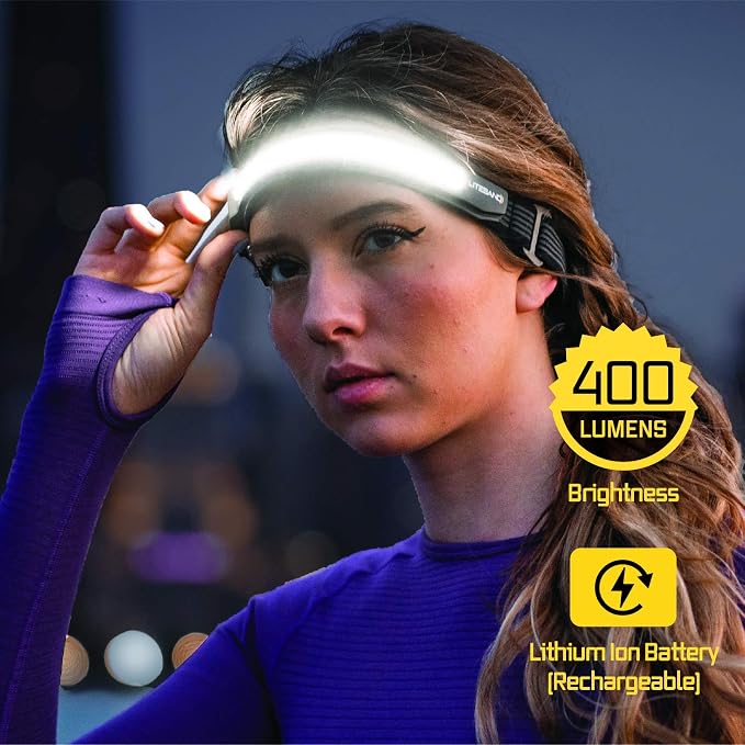 LITEBAND ACTIV Rechargeable LED Headlamp, 400 Lumens, 210° Wide Beam, Lightweight No-Bounce Fit, IPX4 Weather Resistant, Black