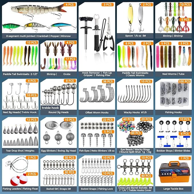557Pcs Large 4-Tray Tackle Box with Tackle Included - Professional Fishing Gear Kit with Fish Gripper, Pliers, Hook Remover - Bass Fishing Lures Set, Gift for Men Kids