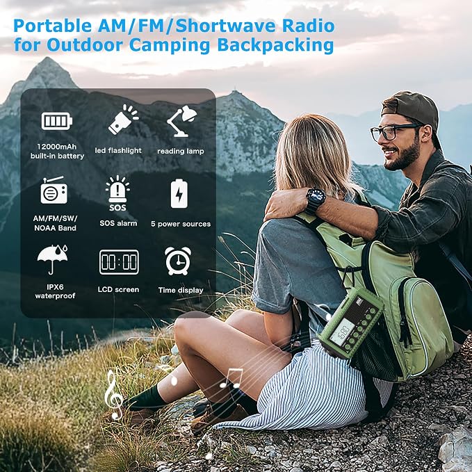 Eoxsmile NOAA Weather Radio 12000mAh - Emergency Radio Hand Crank Solar Battery Operated Portable AM/FM Shortwave Radio with USB-C Charger, Flashlight, SOS Alert for Home Outdoor Hurricane Survival