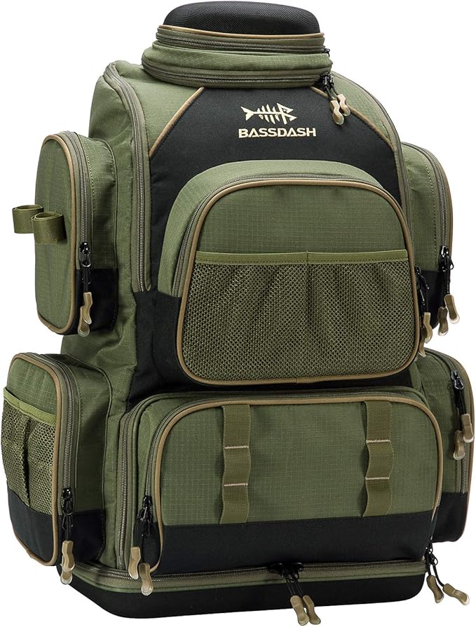 BASSDASH Fishing Tackle Backpack Water Resistant Tactical Bag Soft Tackle Box with Rod Holder and Protective Rain Cover