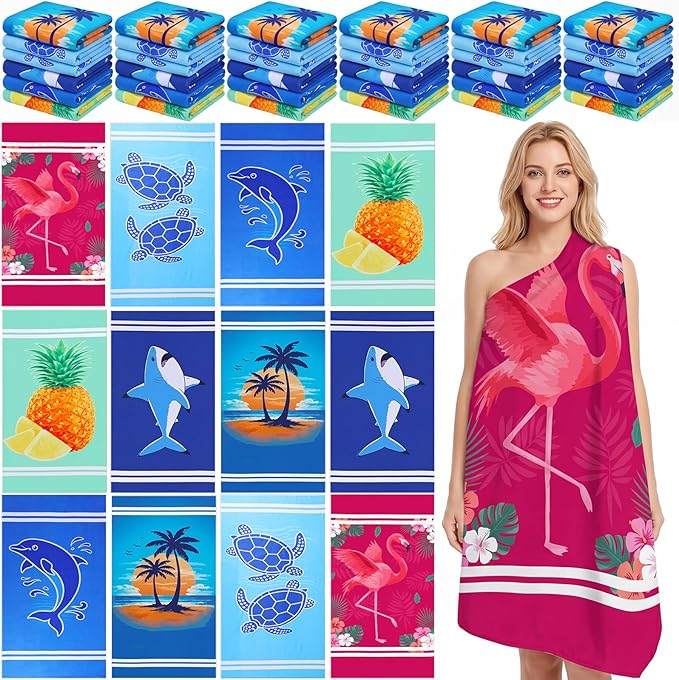 Mindsoft 6 Pcs 30"x 60" Beach Towel Yoga Towel Quick Dry Soft Microfiber Sand Free Oversized Lightweight Cute Beach Towels Bulk for Bath Camping Travel Pool Party Teacher Appreciation Gift