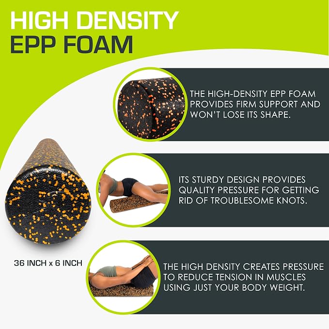 ProsourceFit High Density Foam Rollers 36 - inches long, Firm Full Body Athletic Massage Tool for Back Stretching, Yoga, Pilates, Post Workout Muscle Recuperation, Black/Orange