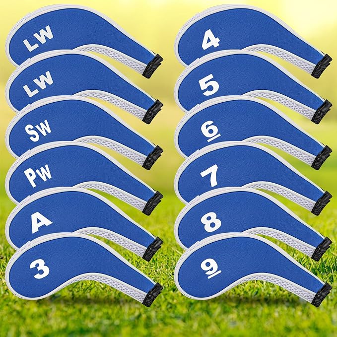Golf Club 12pcs Thick Synthetic Zipper Long Neck Set Headcover Fit The Most Brands, Side Number Golf Iron Club Head Cover LW SW PW Covers #3,4,5,6,7,8,9