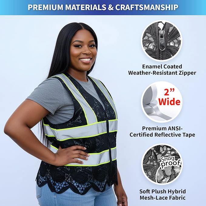 Lace-Mesh Safety Vest for Women & Men - Breathable, High Visibility Vest with Zipper & ANSI Class 2 Reflective Strips