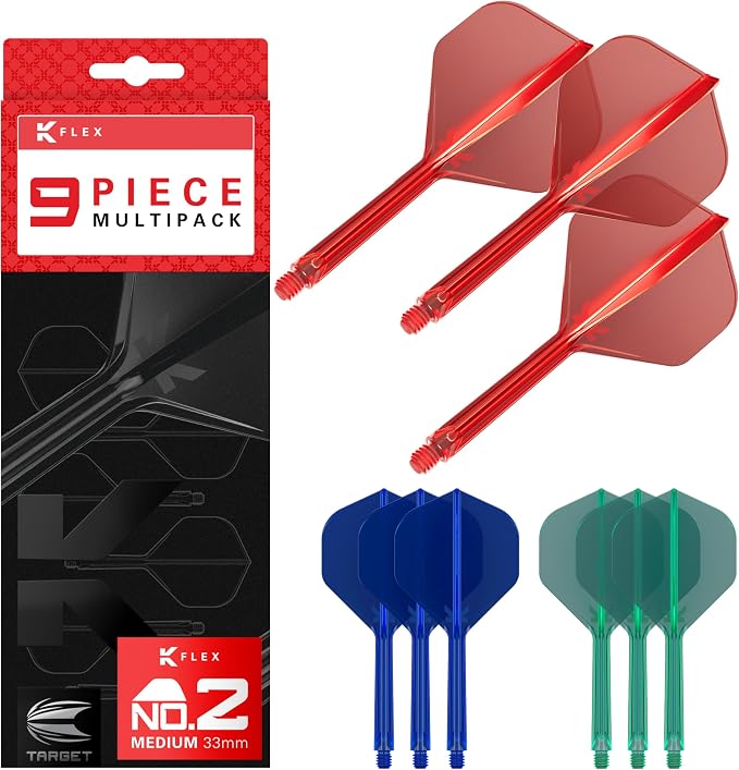 Target Darts K-Flex Integrated Dart Flights and Shafts, Kflex 9 Pack Bundle, Multipack - K Flex 3 Colours | Black, White, Clear, Red, Green, Blue, Pink, Orange, Yellow | Short, Intermediate, Medium