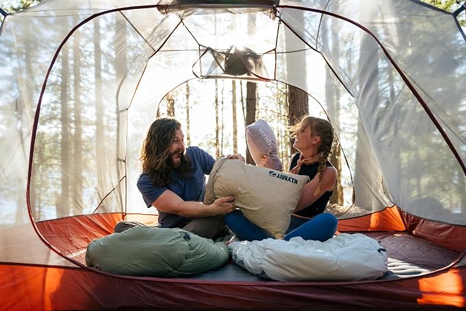 KLYMIT Drift Camping Pillow | Lightweight, Travel Head Rest for Sleep Filled with Shredded Memory Foam, Reversible Outer Cover for Extended Use, Regular Size — Tan