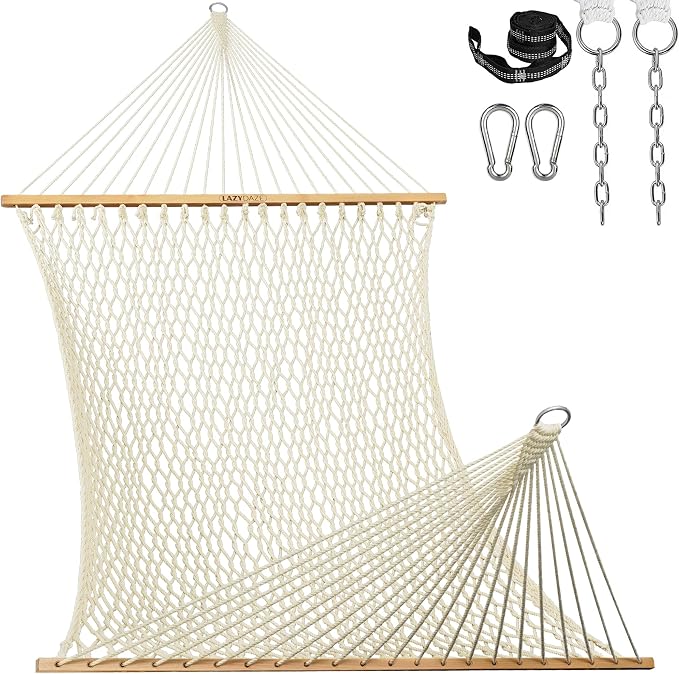 Lazy Daze Hammocks 13-FT Polyester Rope Hammock, Double 2 Person Traditional Hand Woven Outdoor Hammock with Spreader Bar, Carabiners, Tree Straps, Chains for Outside Patio- Max 450 Lbs, Natural