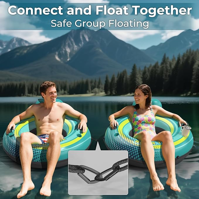 2 Pack 53" Heavy Duty River Tube Float for Adults,Inflatable River Raft Float for Pool Lake Beach with Built-in Cup Holders,Ergonomic Backrest,Durable Grip Handles & Grab Rope,360Lb Weight Capacity