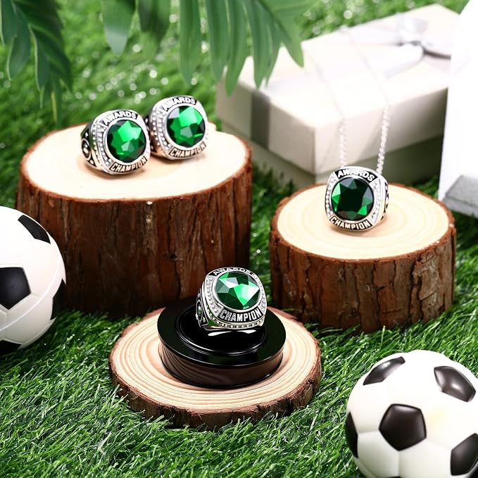 Landical 10 Pcs Championship Trophy Rings Bulk MVP Winner Youth Award Gift with Neck Chains and Display Stand for Basketball Baseball Football Volleyball Softball