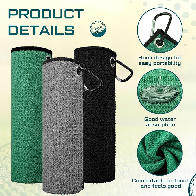 Batiyeer 30 Pcs Golf Towels Bulk for Bags 16'' x 16'' Microfiber Fabric Golf Towel with Clip Waffle Pattern for Men Mini Tournament Fitness Yoga Camping(Black,Gray,Green)