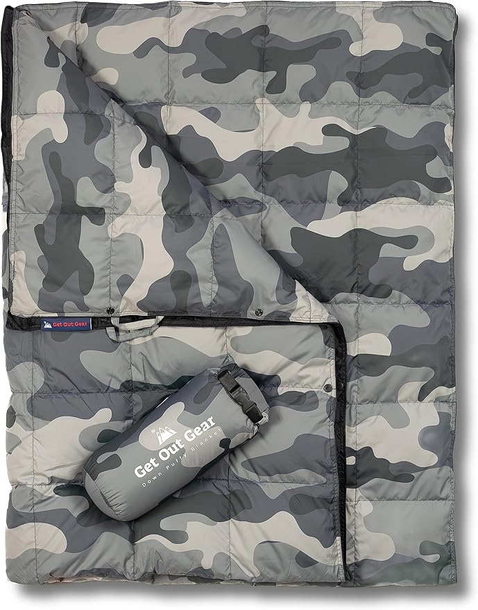 Get Out Gear Down Camping Blanket - Puffy, Packable, Lightweight and Warm | Ideal for Outdoors, Travel, Stadium, Festivals, Beach, Hammock | 650 Fill Power Water-Resistant Backpacking Quilt