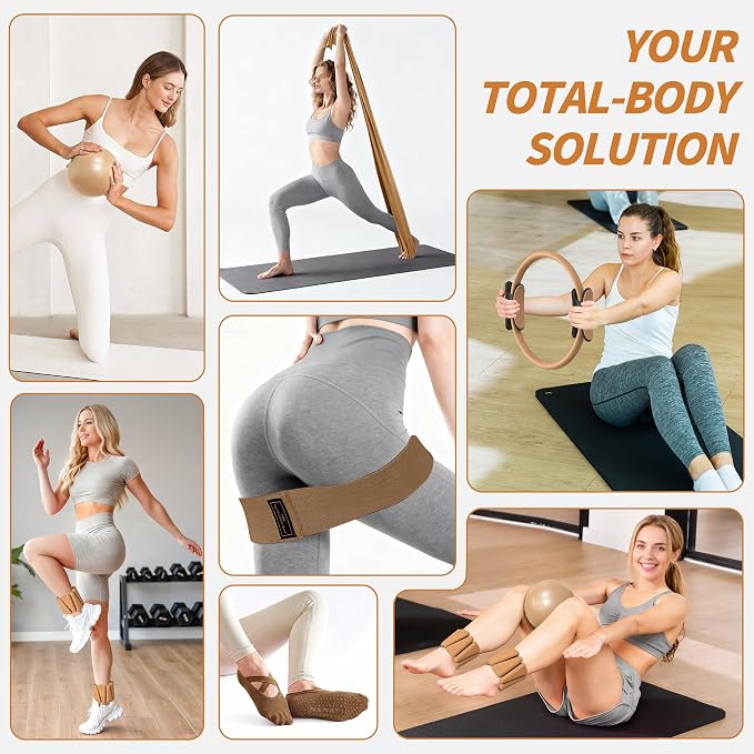 NANATI Pilates Kit, Home Pilates Workout Kit for Women, Pilates Equipment with 14.5" Pilates Ring and Ball, Resistance Bands, Ankle Weights, Sliders & Grip Socks for Home Workouts