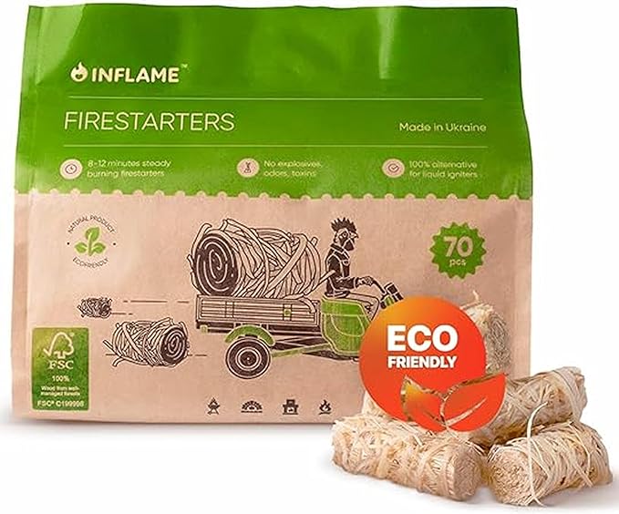 Inflame Fire Starters 70 pcs - Fire Starters for Campfires, Charcoal, Grill, BBQ, Fireplace, Chimney, Woodstove - Waterproof, Weather-Resistant - Natural Wood Starters