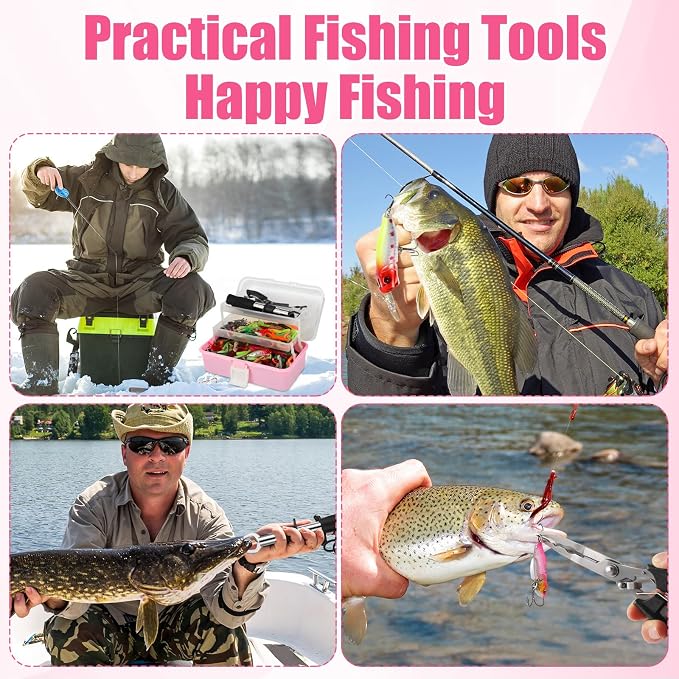 RoundFunny 3 Layers Fishing Tackle Box 414 Pcs Fishing Gift Lures Gear Kit with Tackle Included Pliers Lip Gripper Bait Hook Accessories for Beginner Fisherman Women Men, Fit Bass Trout