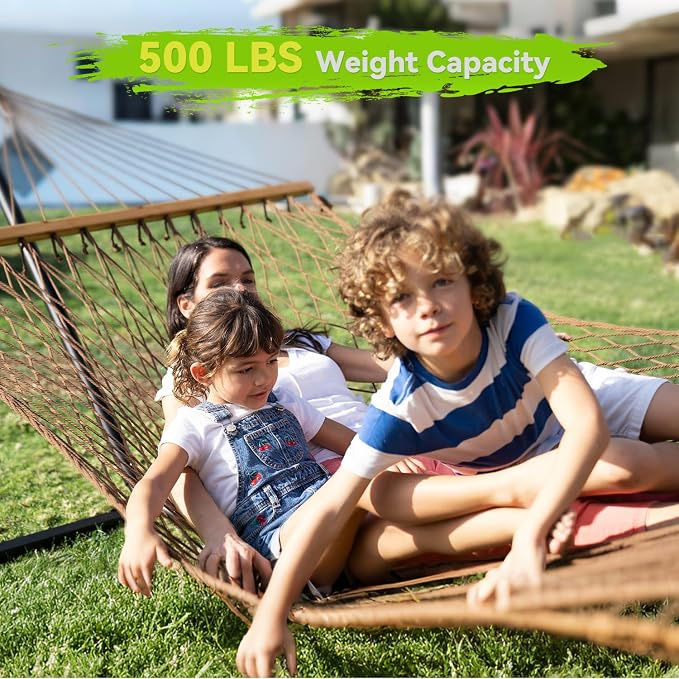ANAGOO Double Hammock for 2 Person, Handwoven Rope Hammock with Spreader Bar - Indoor & Outdoor Use for Patio, Poolside, Backyard (Brown)