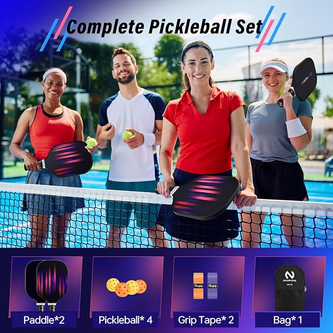 niupipo Pickleball Paddles Set of 2/4/1, USAPA Approved Carbon Fiber & Fiberglass Hybrid, Easy Power, Polypropylene Honeycomb Core, Cushioned 4.72" Grip, Bag/Cover, Pickleball Paddle Set for Men Women