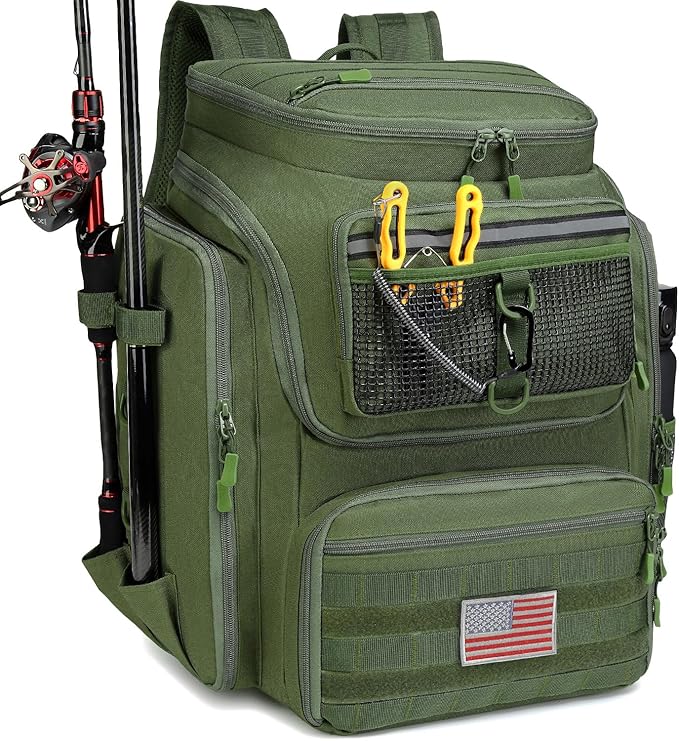 HAMBOLY Fishing Backpack 45L with Rod Holders, Water-Resistant Tackle Backpack for Fishermen, Large Capacity Fishing Gear Bag for Travel Hiking Camping