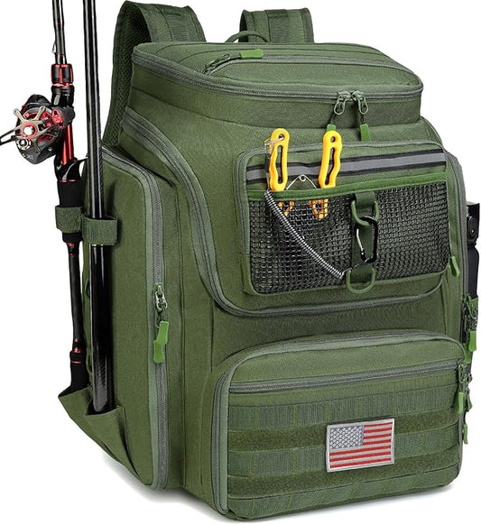 HAMBOLY Fishing Backpack 45L with Rod Holders, Water-Resistant Tackle Backpack for Fishermen, Large Capacity Fishing Gear Bag for Travel Hiking Camping