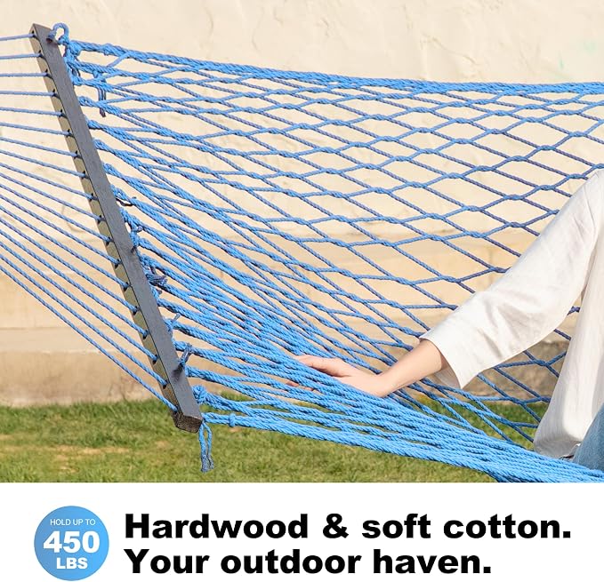 GAFETE Single Rope Hammocks for Outside, Traditional Hand Woven Cotton Hammock with Hardwood Spreader Bar, Max 450 lbs Capacity (Lake Aqua, Small)