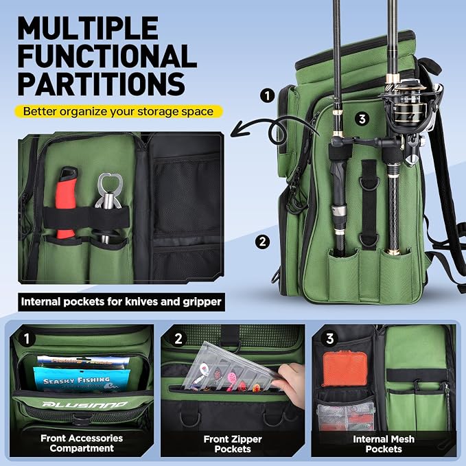 PLUSINNO Fishing Backpack with Rod Holders 4 Tackle Boxes, 42L Large Water-Resistant Fish Tackle Bag Store Fishing Gear, Camping, Hiking Gifts for Men Father, Green