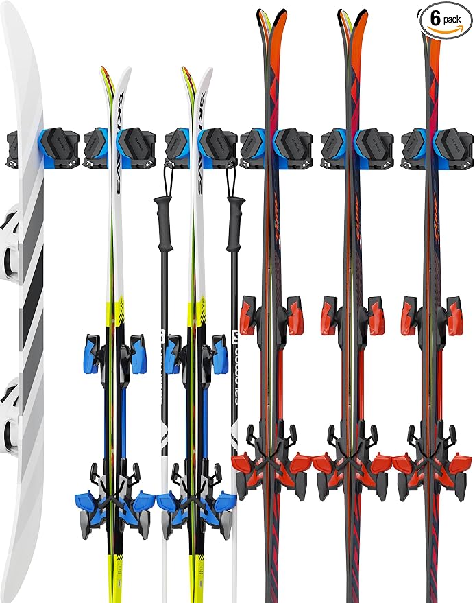 Skifavs Ski & Snowboard Wall Rack, Ski Wall Mount & Ski Rack Wall Mount for Garage Space-Saving, Winter Gear Organizer, Fits Any Ski or Snowboard, Nonslip Ski Holders, Garage Organization, 6 Pack