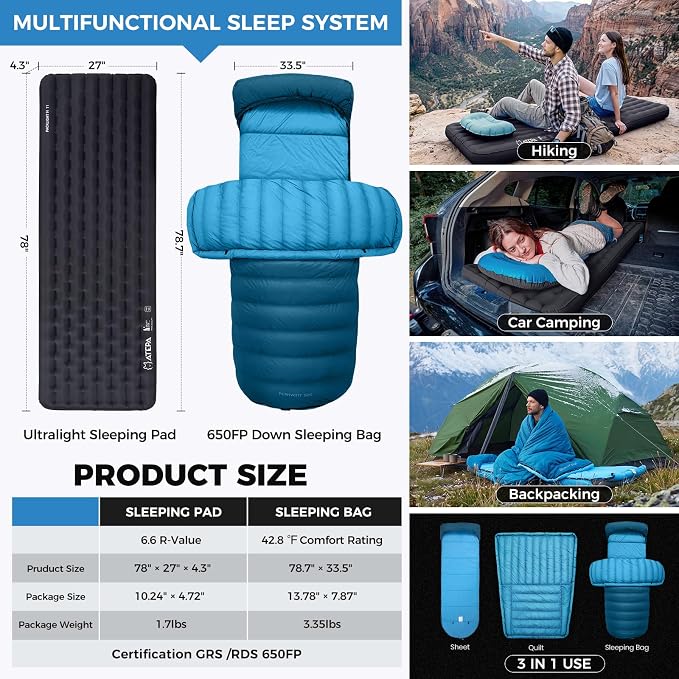 ATEPA Backpacking Sleeping System, 3-Season Ultralight 6.6 R-Value Insulated Inflatable Sleeping Pad & 700FP Down Sleeping Bag for Camping Hiking Car Camping, Blue & Black