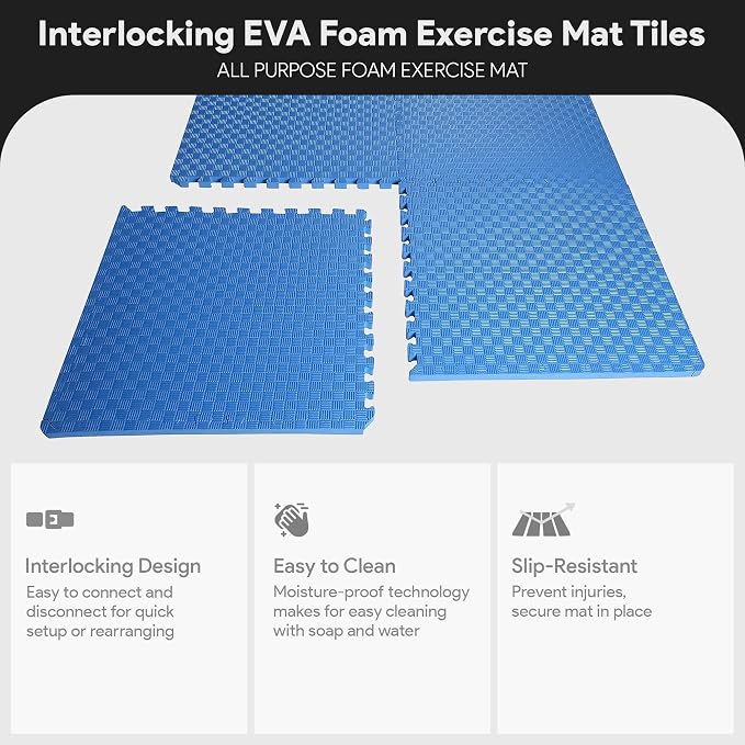 BalanceFrom Puzzle Exercise Mat 1" Thick, EVA Interlocking Foam Floor Tiles for Home Gym, Mat for Home Workout Equipment, Floor Padding for Kids, Blue, 24 in x 24 in x 1 in, 24 Sq Ft - 6 Tiles
