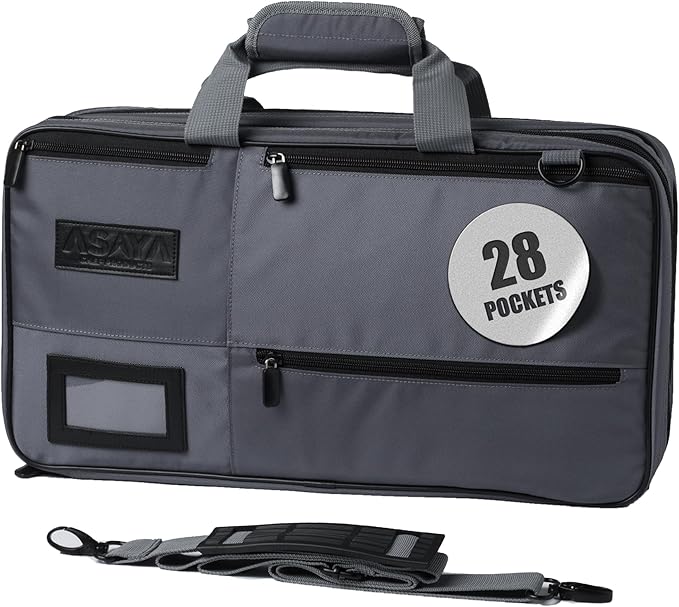 Asaya Chef Knife Bag - 28-Pocket Knives Carrying Case for Kitchen Tools and Utensils, Ballistic Nylon Chef Knife Roll Bag with Adjustable Shoulder Strap - Knives Not Included (Grey)