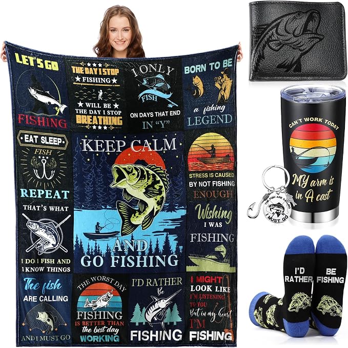 Hahafelt 5 Pcs Fishing Gifts for Men Sets Fishing Gifts Include Blanket 20 oz Stainless Steel Cup Socks Wallet Stainless Keychain for Who Love Fish Lover Dad Grandpa
