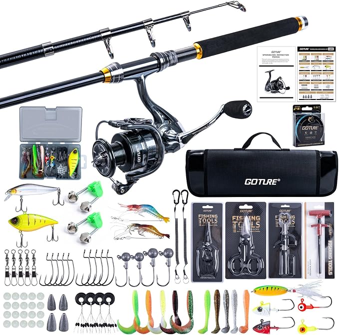 Goture Telescopic Fishing Rod and Reel Combo with Carrier Bag,1.8M-2.7M | Carbon Fiber Pole,5.2:1 Spinning Reel,Line,Pliers,Fish Gripper,Scissors,Lures Set, for Starter Travel Saltwater Freshwater