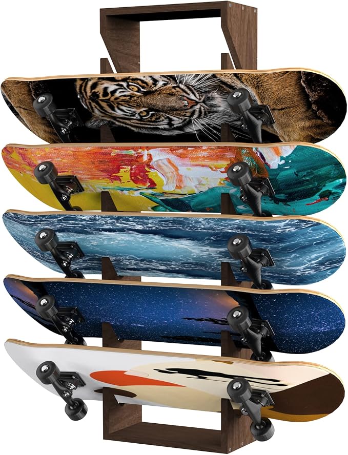 Skateboard Rack Wall Mount 6-Tier Wooden Skateboard Storage Rack Holder Skateboard Stand Display Organizer Skateboard Hanger for Longboard, Deck, Standard Skateboards