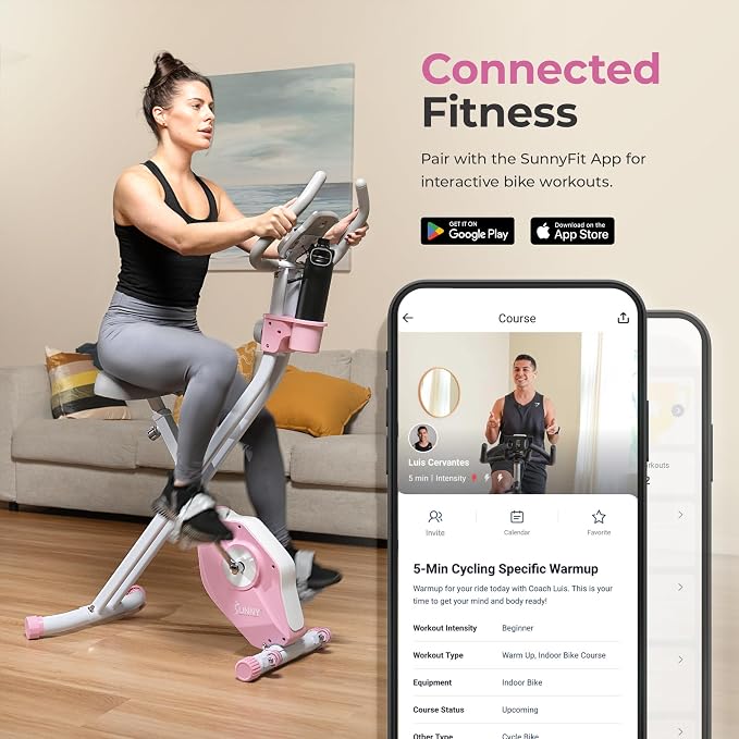 Sunny Health & Fitness Smart Folding X-Bike, Portable Compact Exercise Bike for Indoor Cycling Workout, Home Cardio Training Machine, Free SunnyFit App Bluetooth Connect
