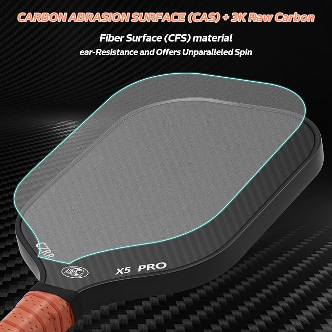 Pickleball Paddle, USA Pickleball Approved, 3K Raw Carbon Fiber Surface (CFS) High Grit & Spin, with 16MM Polypropylene Honeycomb Core, Ideal for Novice and Professional Players