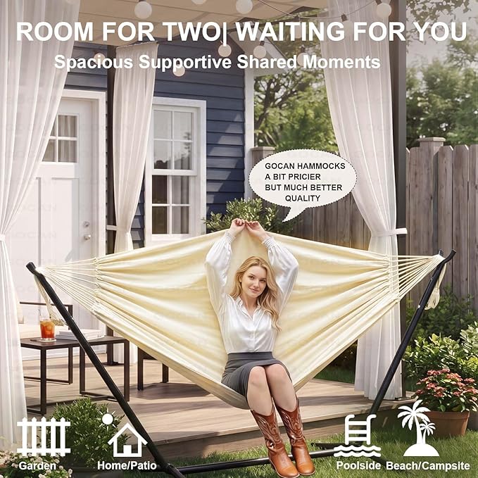 GOCAN Brazilian Double Hammock 2 Person 330X150cm Load 500Pound Cotton Hammock for Patio Porch Garden Backyard Lounging Outdoor and Indoor (Beige)