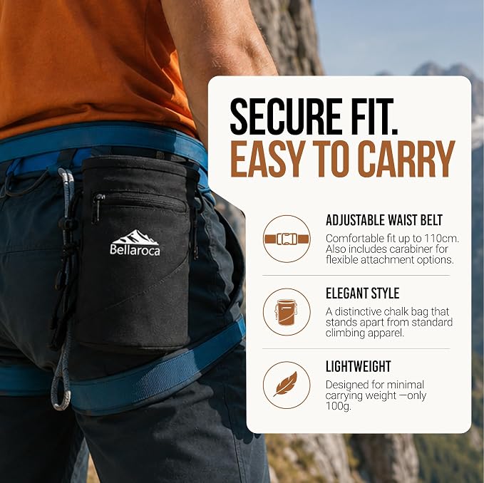 BELLAROCA® Chalk Bag and Bouldering Brush for Rock Climbing – Waterproof Climbing Set with Ergonomic Design, Adjustable Belt and Carabiner
