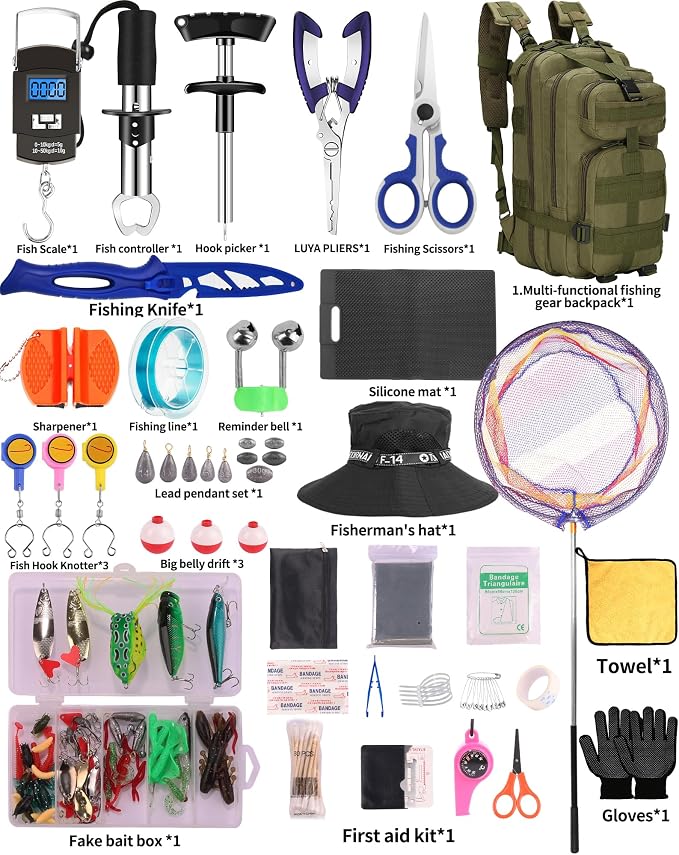 Fishing Tool Kit - 112pcs Fishing Gear & Equipment, Fish Pliers, Hook Remover, Scale, Scissors, Lip Gripper, Lures