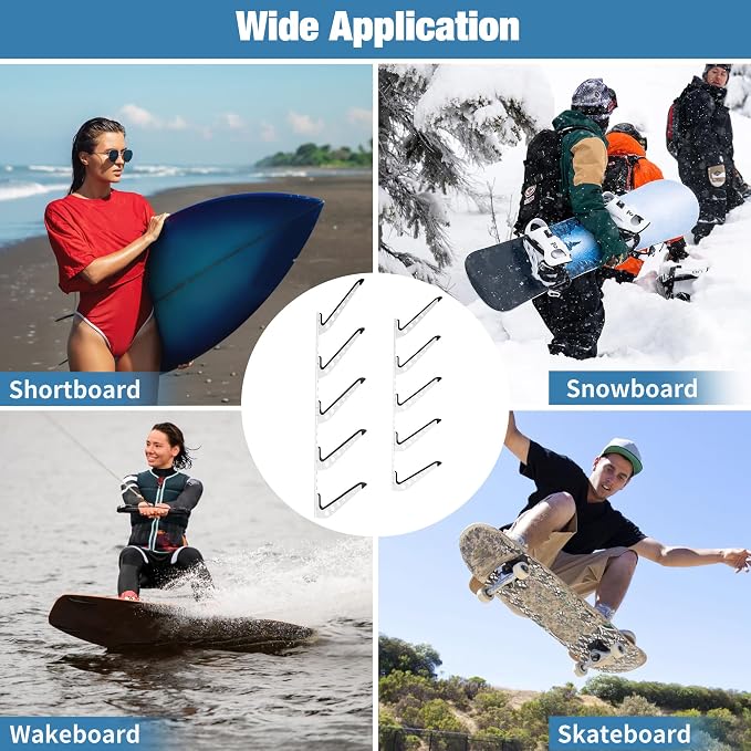 5 Board Surf Rack Wall Mount for Surfboard, Wakeboard, Snowboard Storage Adjustable Wall Hangers Boards Display