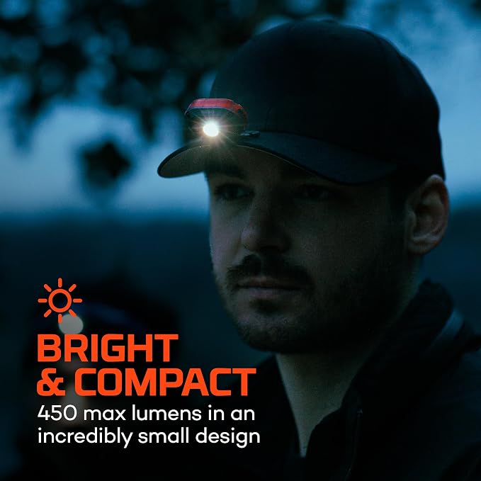 NEBO MYCRO 450 Headlamp | 450 Lumens, 6 Light Modes, White Red & Green Light, USB-C Rechargeable, Water Resistant, Adjustable Strap, Cap Light Convertible, Bright Light for Camping & Hiking – Red