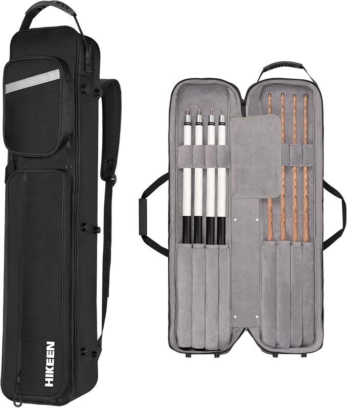 Hikeen Premium Pool Cue Case,4 X 4 Pool Stick Case with Soft Velvet Lining Holds 4 Butts and 4 Shafts with Multi-Front Pocket for Billiard Accessories - Adjustable Shoulder Straps