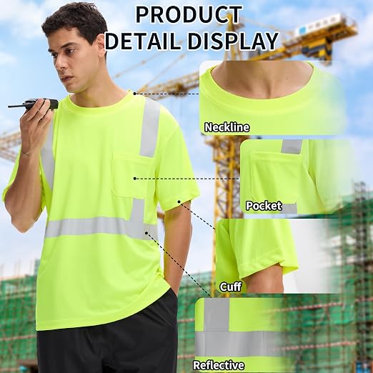 Hi Vis T Shirt Class 3 High Visibility Shirts for Men Safety Shirts with Reflective Strips and Pocket Breathable Construction Work Mesh Short Sleeve Lime