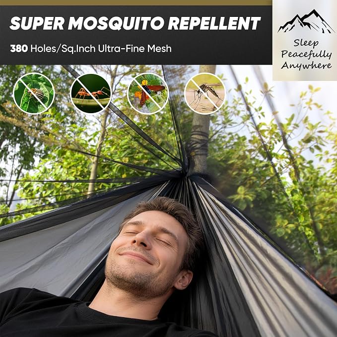 Camping Hammock with Mosquito Net, 500 lbs Portable Hammock with Tree Straps, 2-in-1 Double/Single Travel Hammock Tent for Outside/Indoor/Backpacking/Beach - Black & Grey