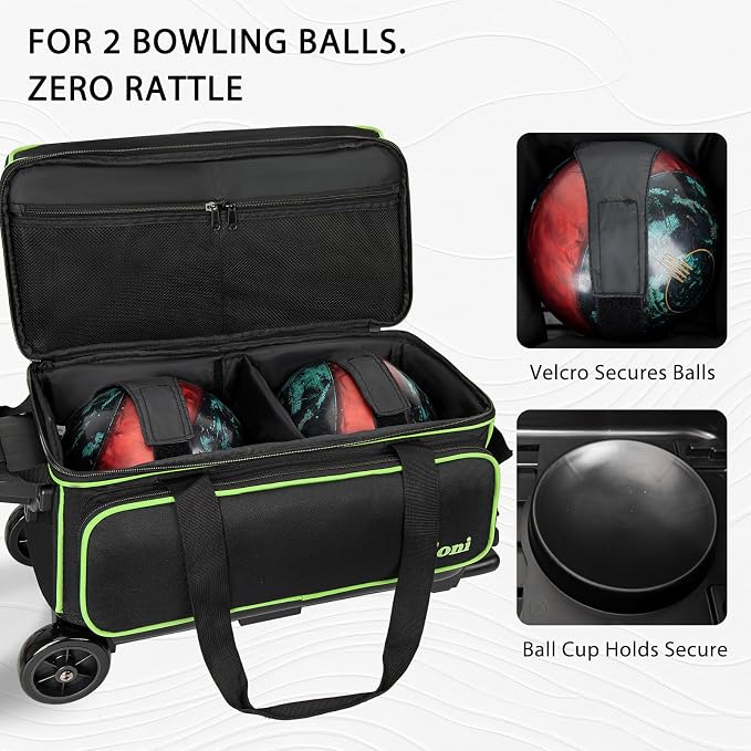 Goloni Double Roller 2 Ball Bowling Bag with Separate Shoe Compartment,2 Ball Bowling Bag with Wheels,Retractable Handle Extends to 40"