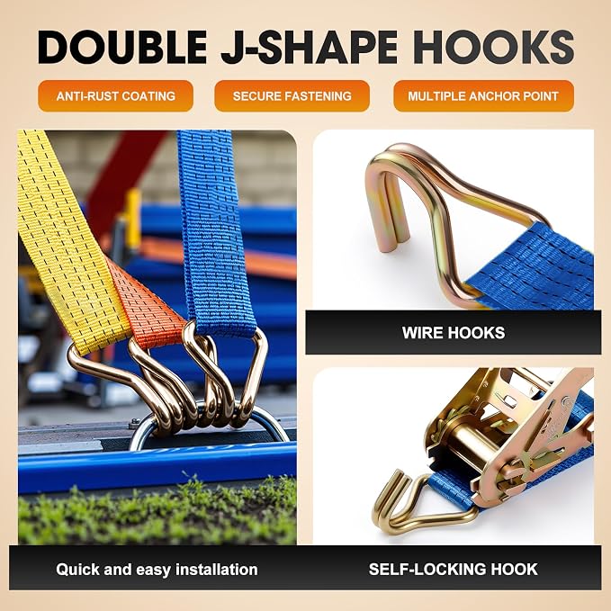 4Pack Ratchet Straps Heavy Duty-2 Inch x 20 Feet(7,500lb Break Strength), Tie-Down Ratcheting with J-Hook Cargo Straps Tiedown Ratchet for Moving and Transports with Trailers, Pickup, Flatbed Trucks