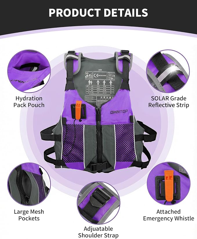 Owntop Swim Jacket Adult Youth | Hydration Pack | Dual Mesh Pockets | Attached Whistle | Ultra-Thin for Freer Movement | Kayak, Boating, Fishing, All Watersports