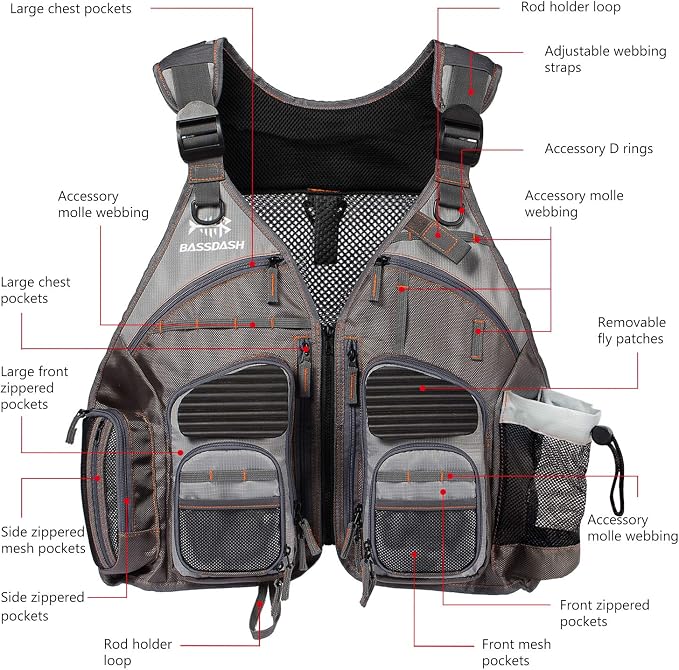 BASSDASH Strap Fishing Vest Adjustable for Men and Women, for Fly Bass Fishing and Outdoor Activities