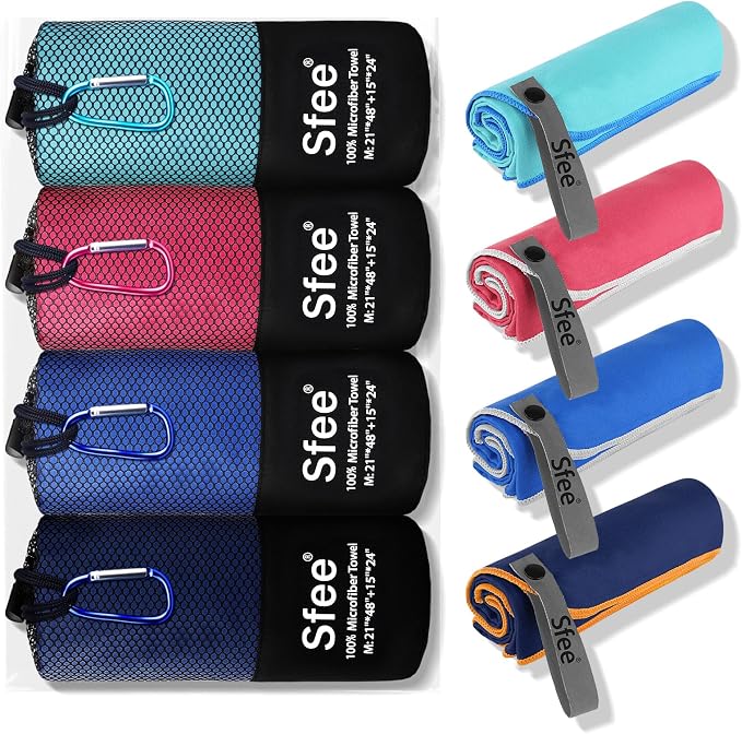 Sfee 4 Pack(8Pcs) Microfiber Travel Towel, Quick Dry Towel Camping Towel Super Absorbent Compact Lightweight Sports Towel Swim Gym Beach Towels Set for Gym, Hiking, Pool, Backpacking, Bath, Yoga