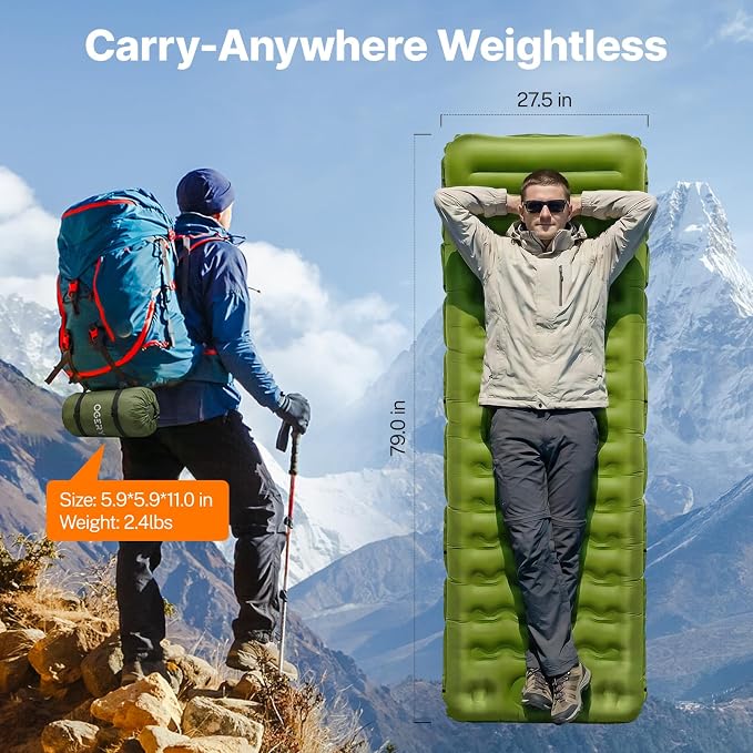 OGERY Sleeping Pad, Ultralight Inflatable Sleeping Pad for Camping with Pillow Built-in Foot Pump, 6" Extra-Thick Reinforced Camping Mattress for Hiking, Backpacking, Tent