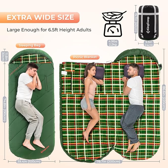 KingCamp Sleeping Bag for Adults Big and Tall, Cold Weather Camping Sleeping Bag with Soft 100% Cotton Flannel Lining, Portable Lightweight Outdoor Traveling & Car Camping